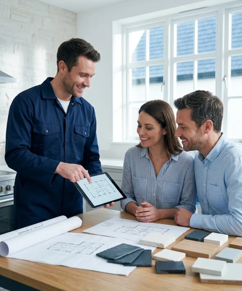 Technicien NEOCOM présentant un projet de rénovation à des propriétaires